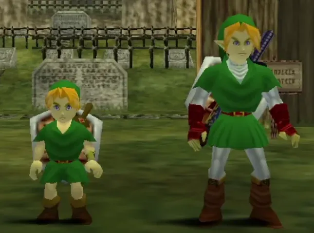 N64 version: young Link and adult Link standing side by side