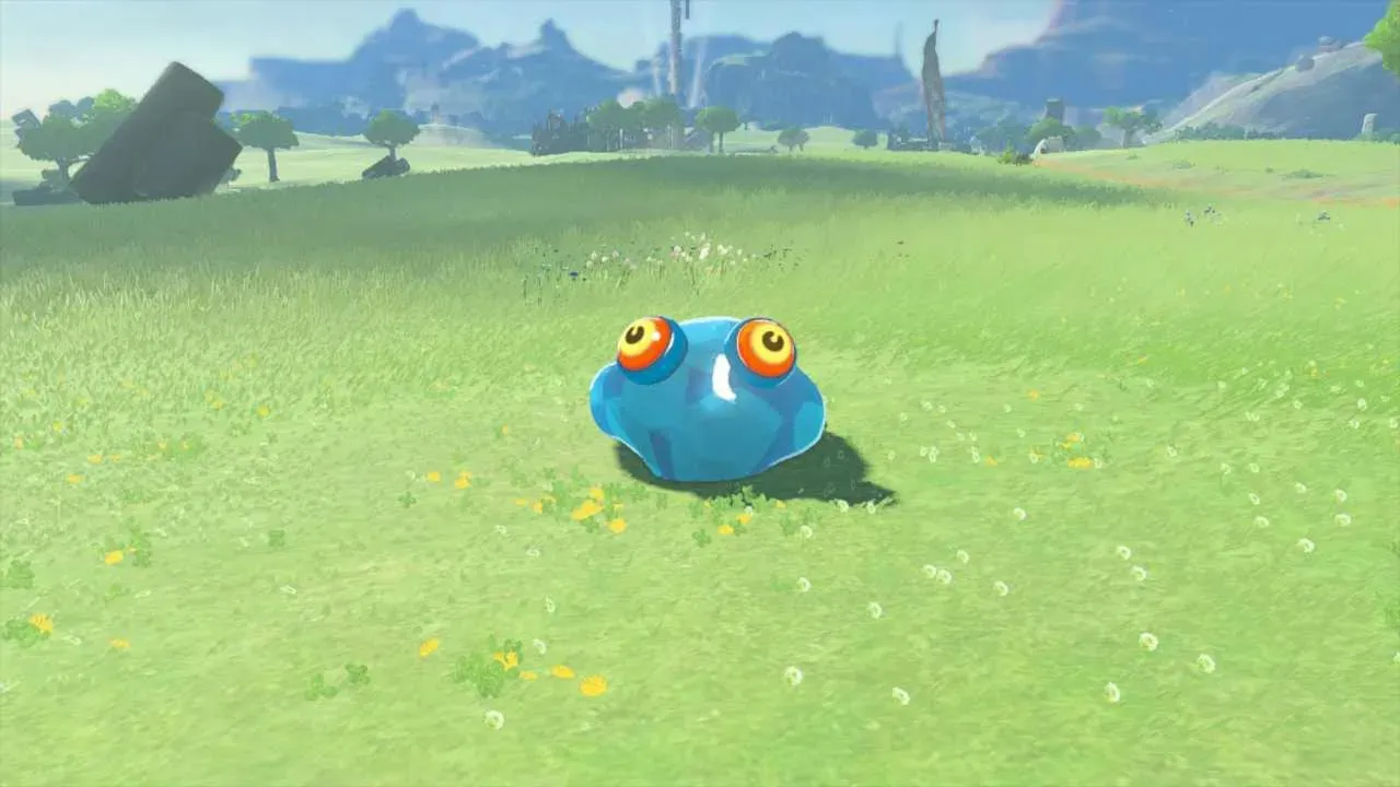 A small blue Chuchu with large orange eyes sitting in a grassy field