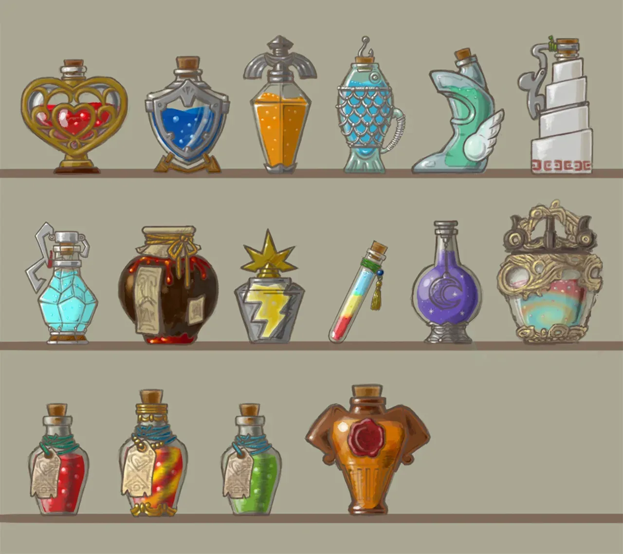 Concept art of many differently shaped elixir bottles on three shelves