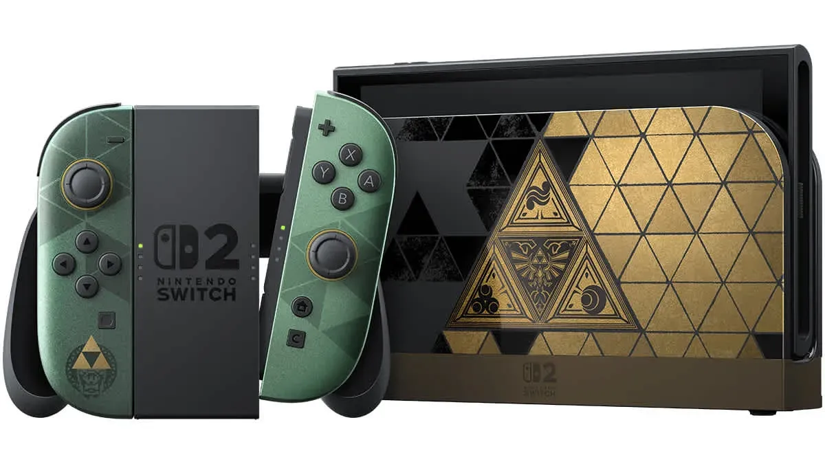 Zelda 40th Anniversary Edition Switch 2 with green and gold Joy-Con 2 in the grip and a black and gold Triforce dock