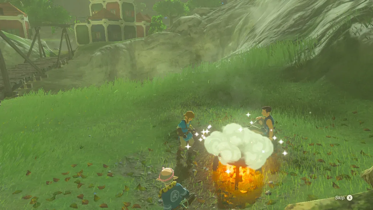 Link cooking at a pot over a fire, with a puff of smoke as the dish finishes