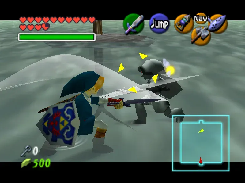 Link crossing swords with Dark Link in the N64 version