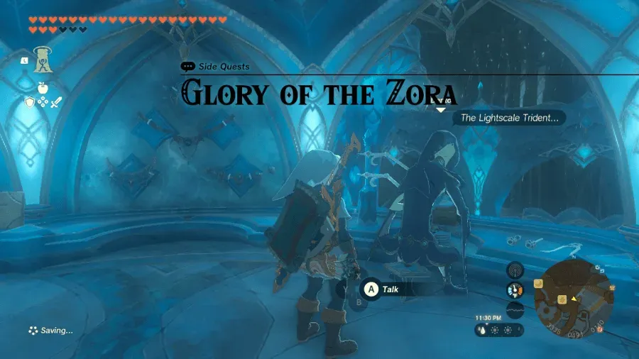 Link talking to Dento in his forge in Zora's Domain as the Glory of the Zora quest title appears
