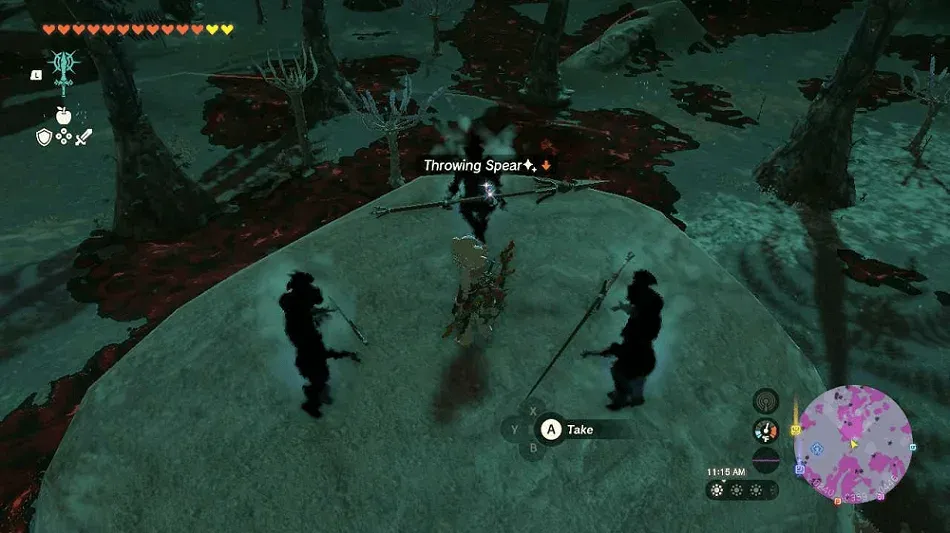 Three dark soldier figures on a stone platform, with a Throwing Spear pickup prompt in front of Link