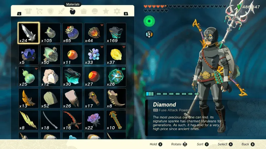 Materials pouch with Diamond selected, showing its description