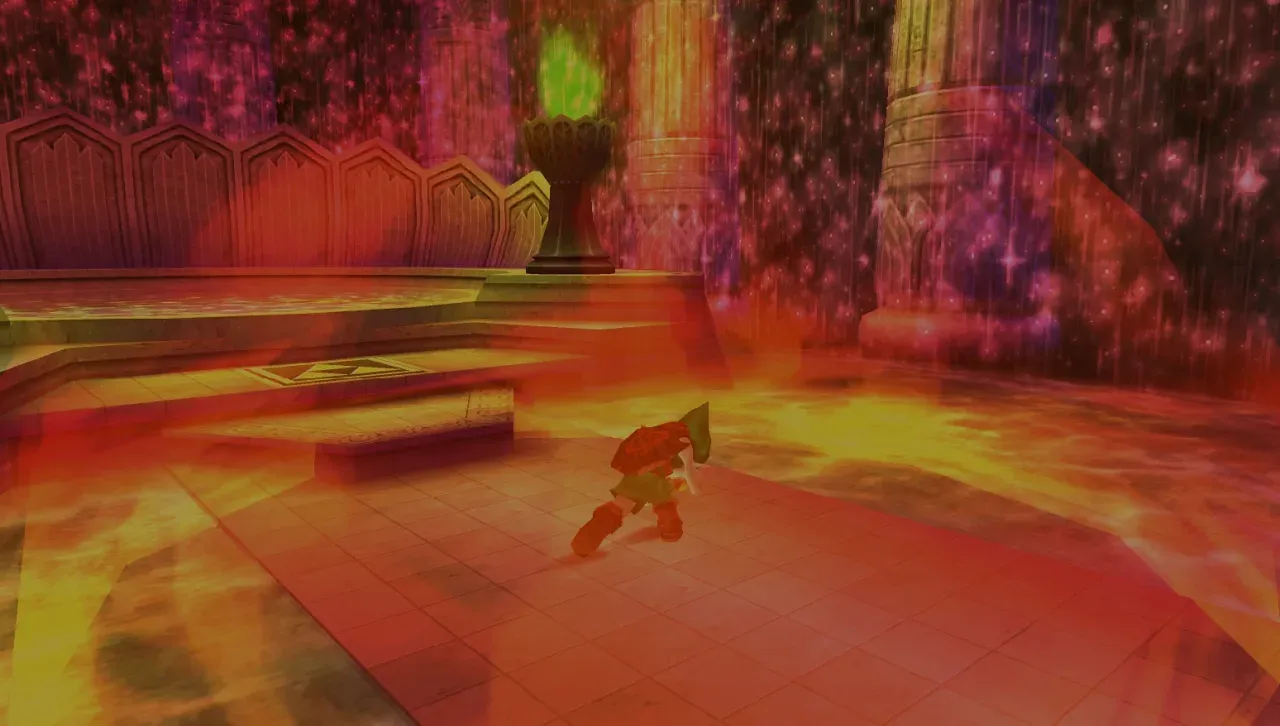 Young Link kneeling in a Great Fairy's Fountain as a wave of fire spreads out around him across the floor