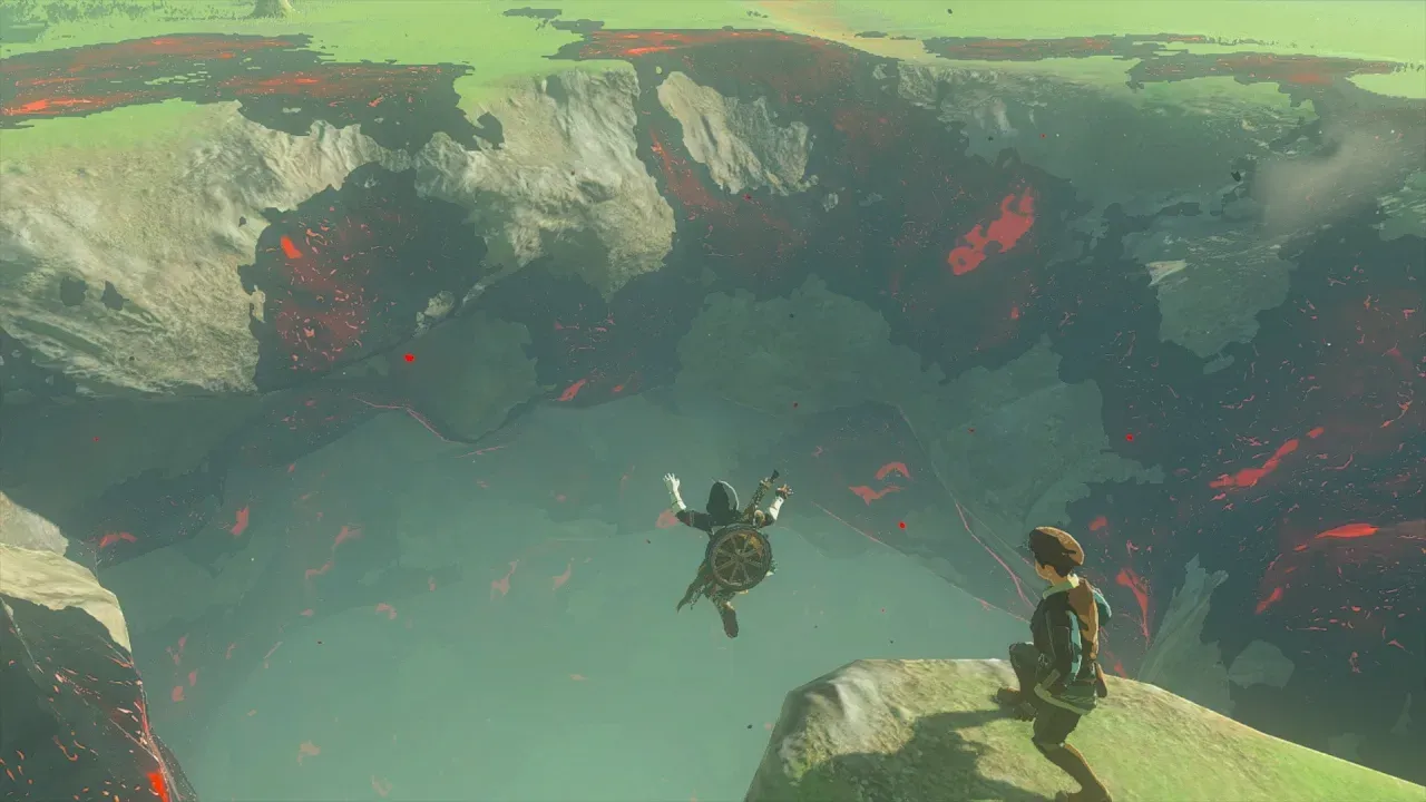 Link diving from a chasm rim with red and black gloom covering its walls