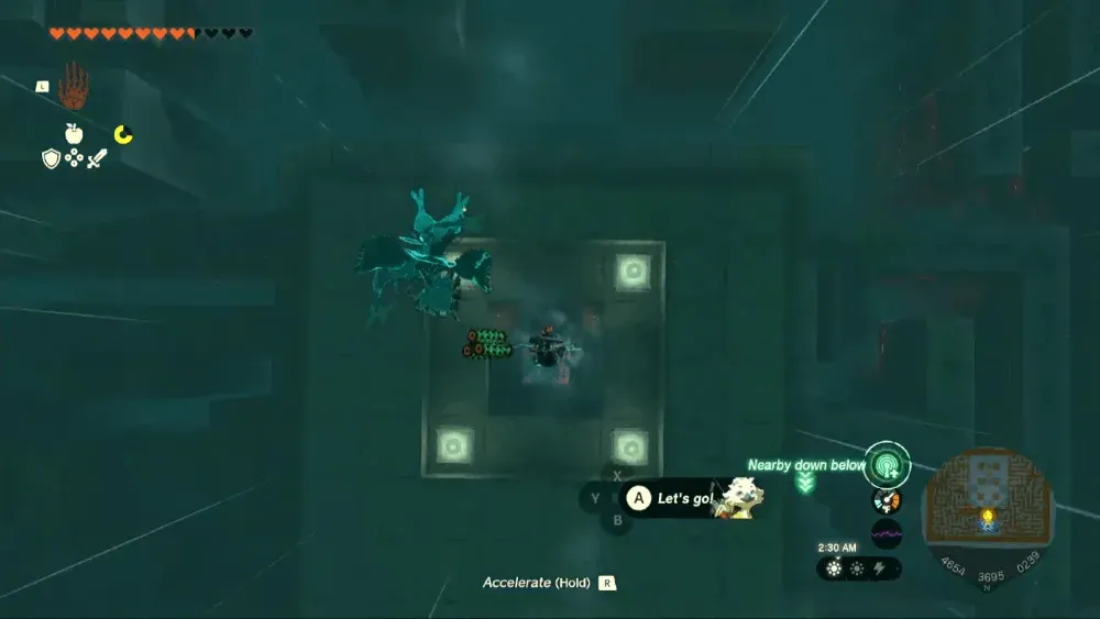 Link diving head-first down a square shaft in the middle of the labyrinth with the paraglider closed