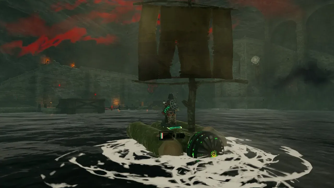 Link on a raft inside a dark cave harbor with stone quays and gloom on the walls