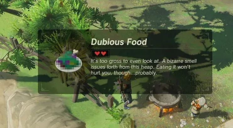 Dubious Food info card beside a cooking pot