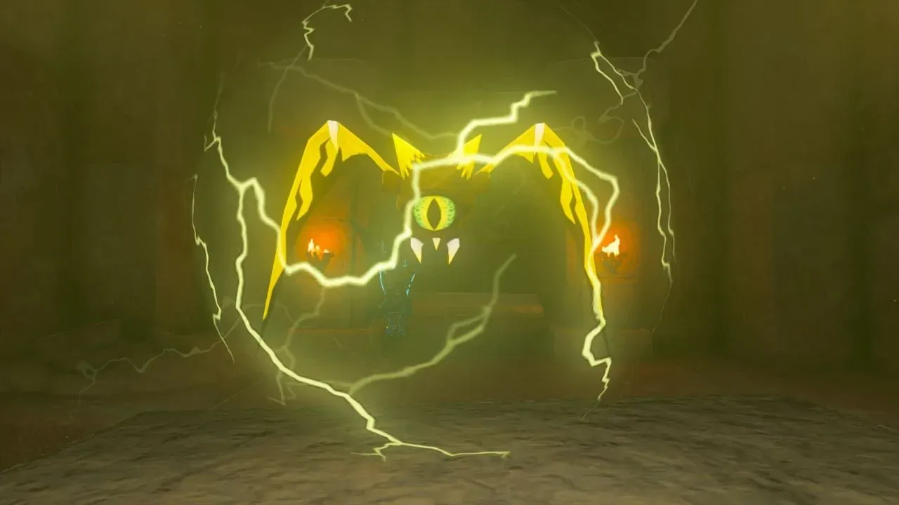 An Electric Keese with yellow wings and a green eye surrounded by crackling electricity