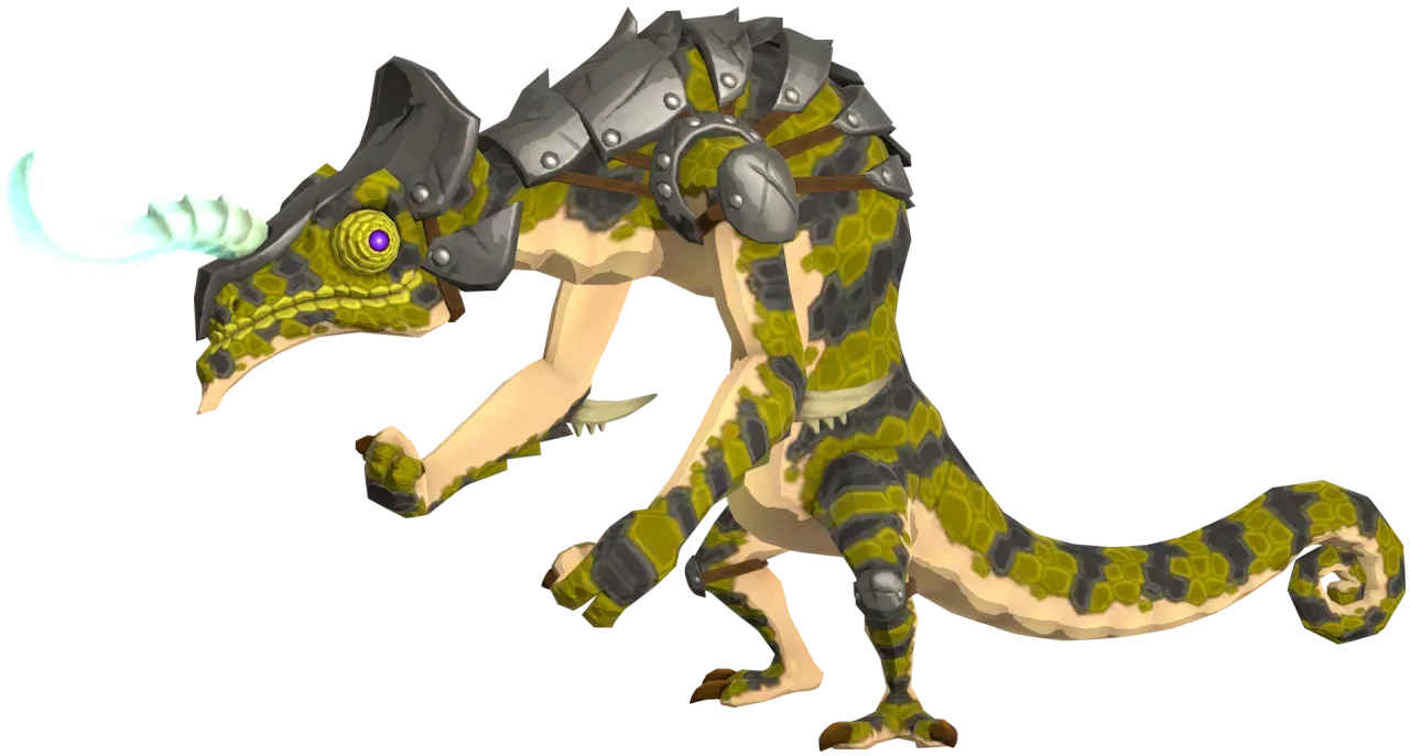 A model of an Electric Lizalfos with yellow and black scales and a glowing pale green horn