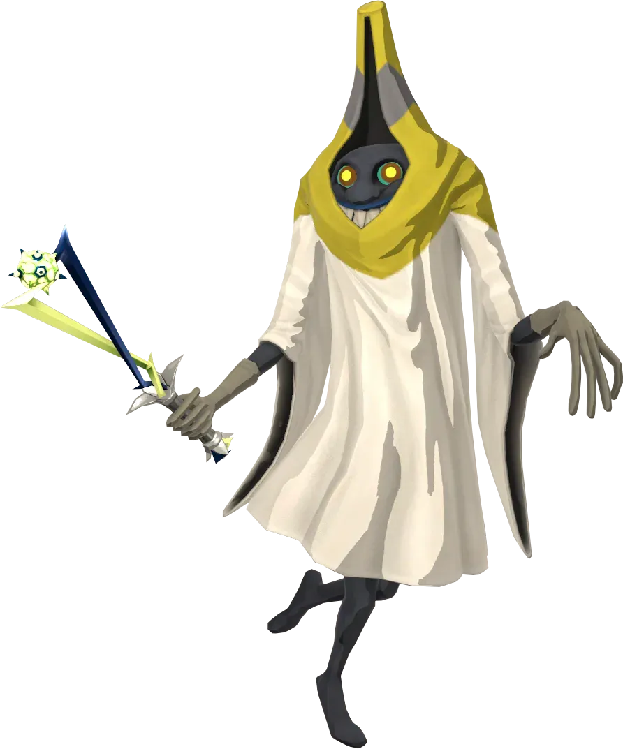 An Electric Wizzrobe in a white robe with a yellow hood, holding a Lightning Rod with a spiked green orb