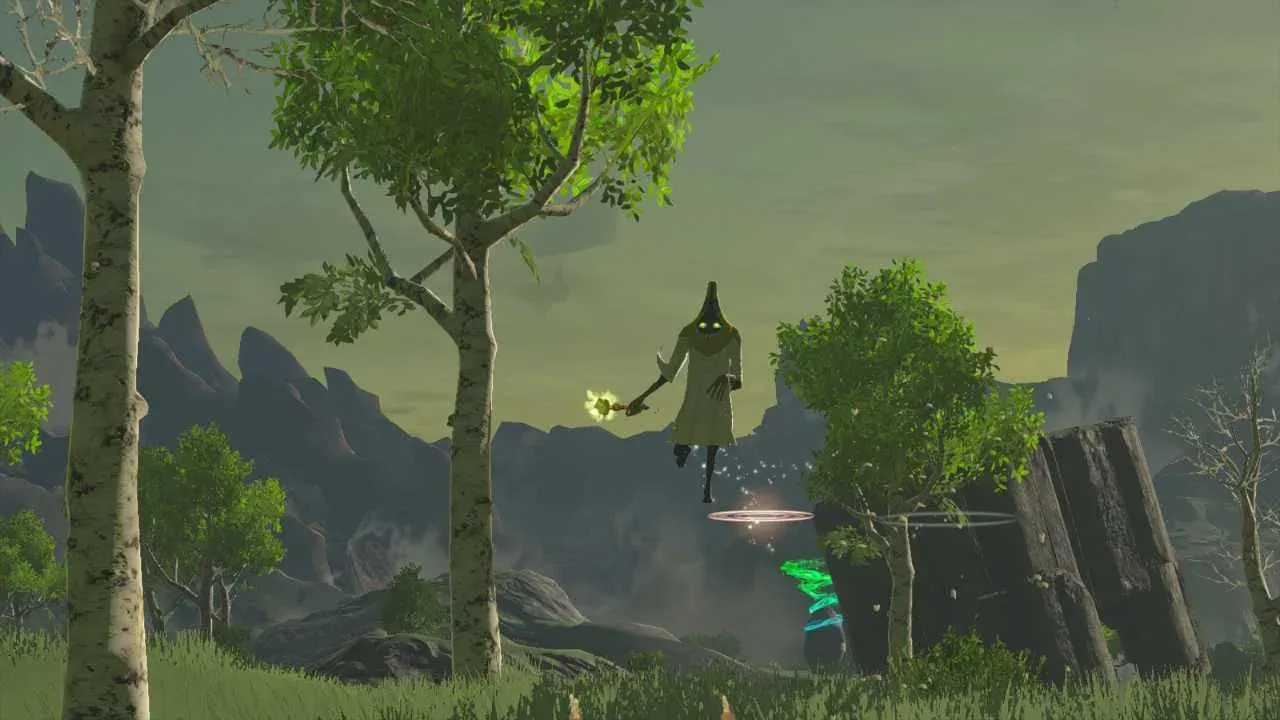 An Electric Wizzrobe in a white robe with a yellow hood flying between trees, its staff crackling