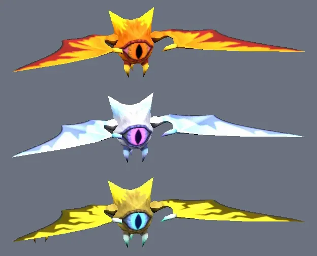 Models of three Keese on a gray background: an orange-red Fire Keese, a white-blue Ice Keese with a pink eye, and a yellow Electric Keese with a blue eye