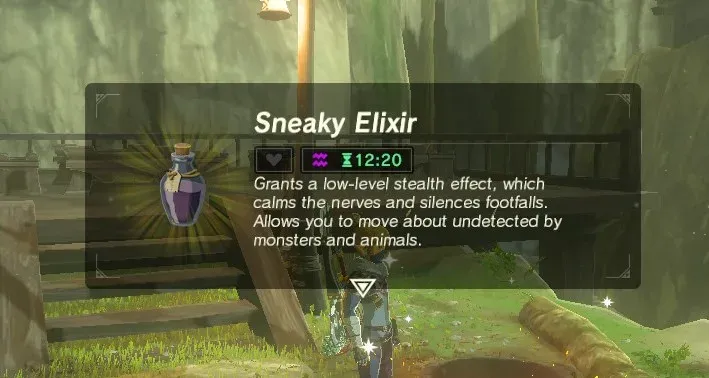 Sneaky Elixir info card beside a cooking pot