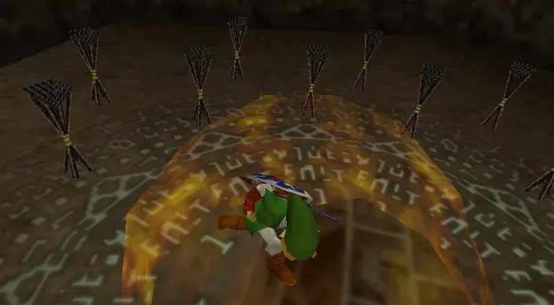 Link casting Din's Fire inside a ring of torches, N64 version