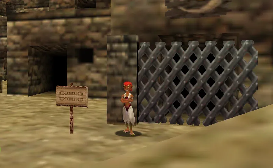 A Gerudo in white standing in front of the barred door, N64 version