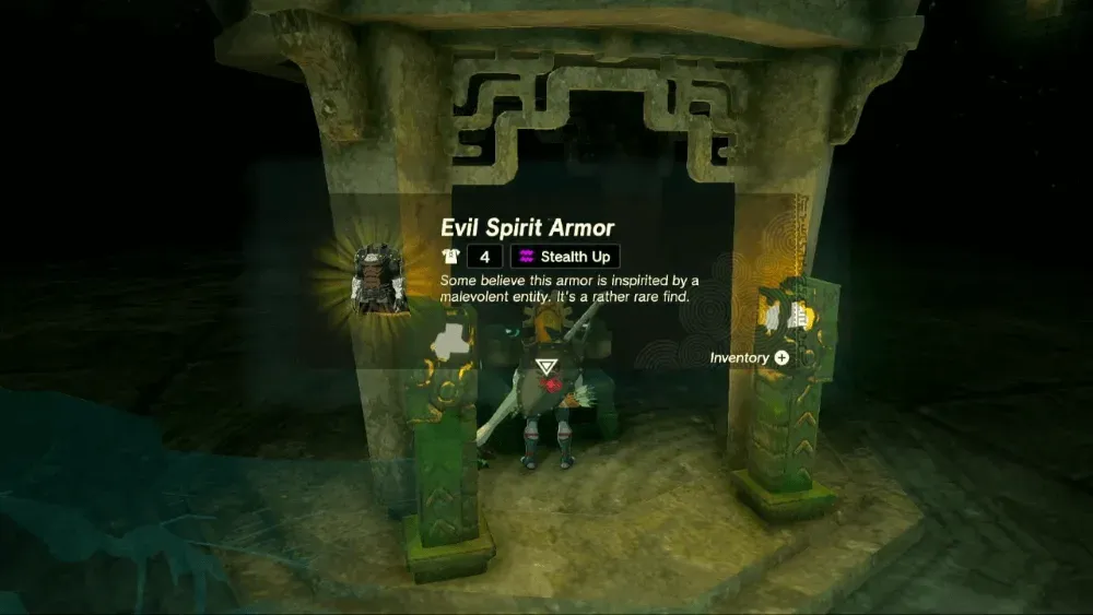 Link holding up the Evil Spirit Armor in front of a stone shrine-like alcove, with its description: 4 defense, Stealth Up