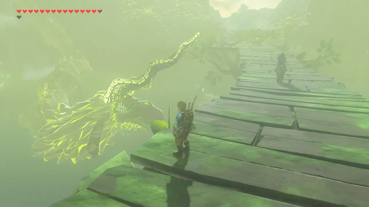 Farosh flying past Link on a wooden bridge