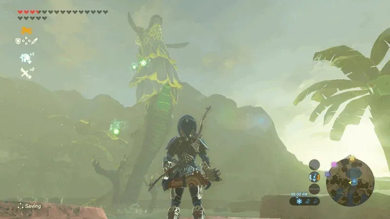 Farosh rising into the sky behind Link at dawn