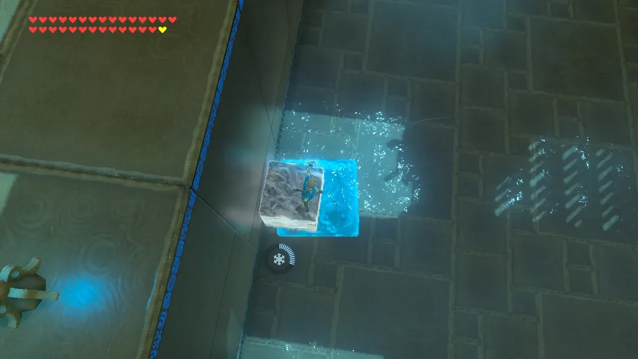 Cryonis raising the movable ice cube towards the monk’s ledge