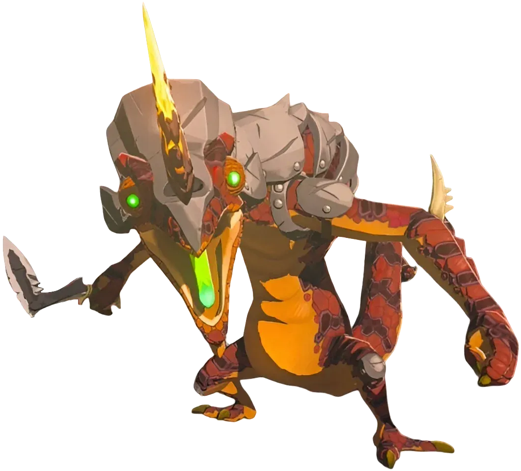 A red-scaled Fire-Breath Lizalfos with a flame-colored horn and an armored head