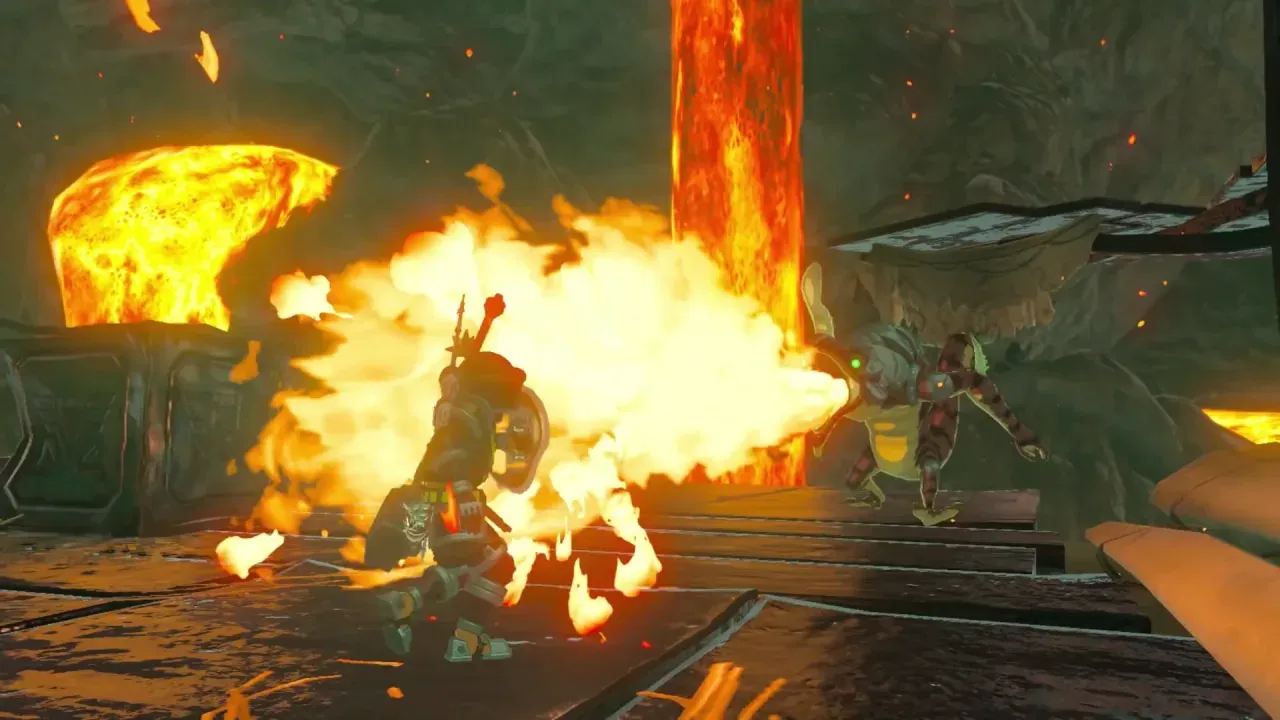 A Fire-Breath Lizalfos breathing a wide stream of fire at Link among lava