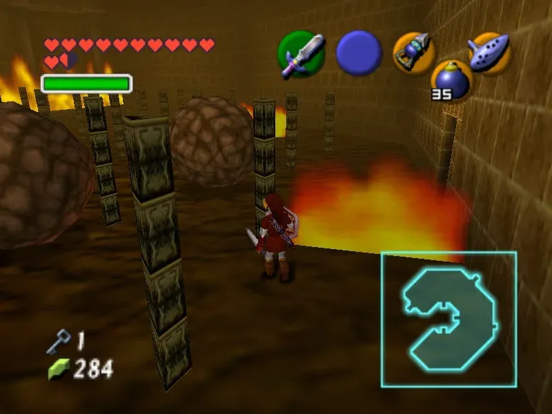 Link in the Goron Tunic next to a wall of fire in the Fire Temple, N64 version