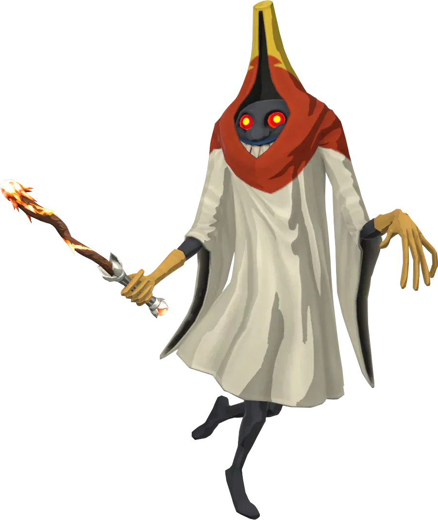 A Fire Wizzrobe in a white robe and red hood holding a burning Fire Rod