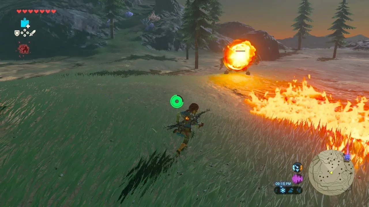 A fireball flying at Link across a grassy field, a trail of fire behind it