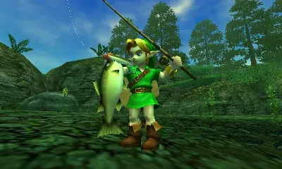 Young Link proudly holding up a large fish next to his fishing rod at the Fishing Pond