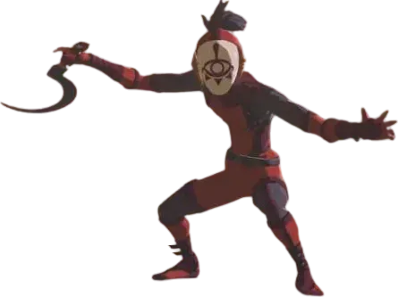 A Yiga Footsoldier in a red bodysuit and white eye mask, lunging with a curved blade