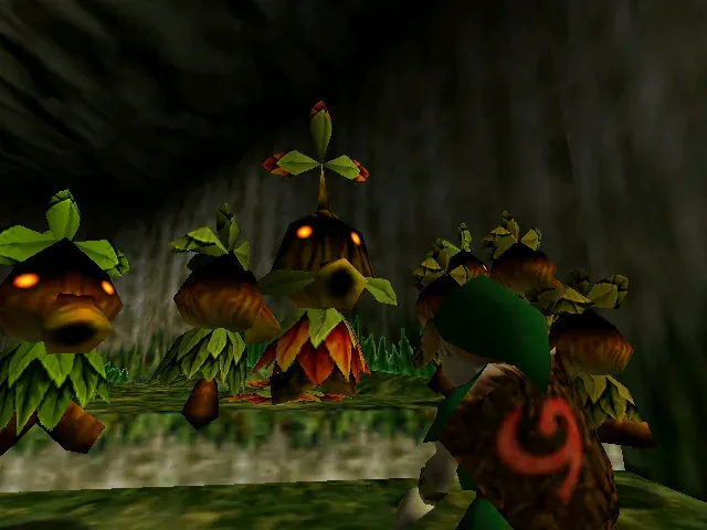 Young Link wearing the Skull Mask, surrounded by Deku Scrubs in the underground Forest Stage