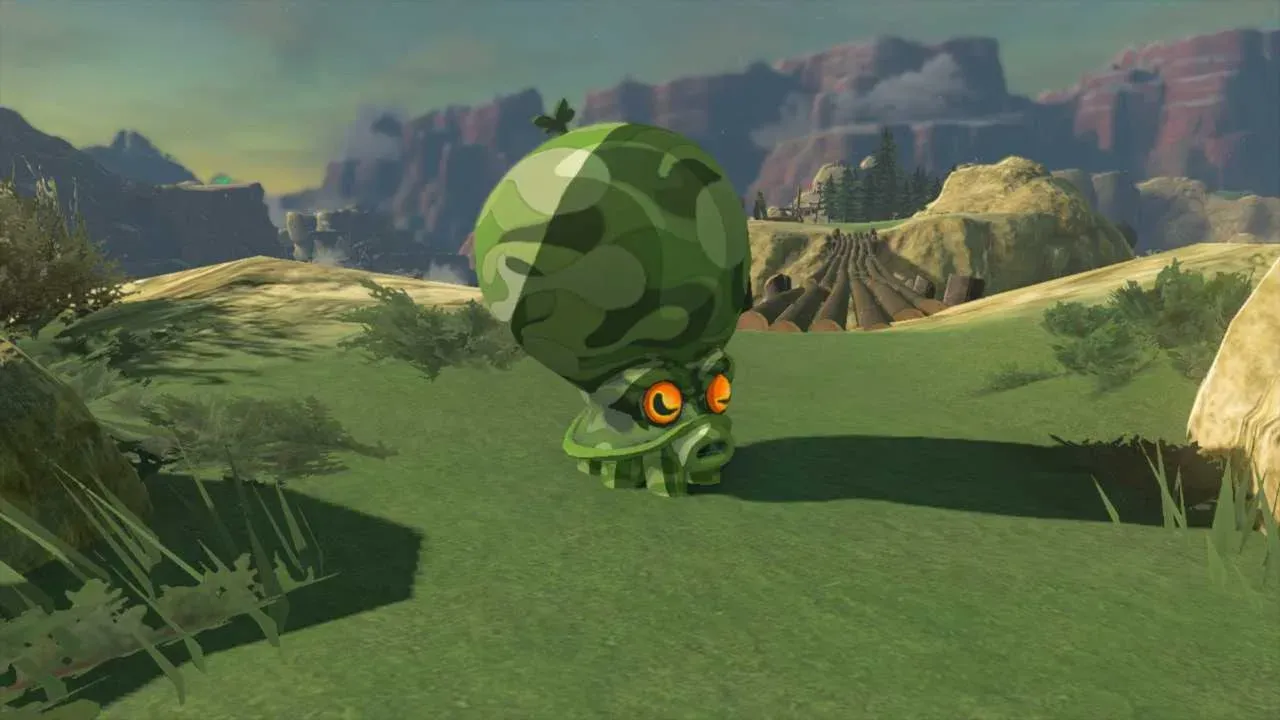 A green Forest Octorok with camouflage markings standing on a grassy hill