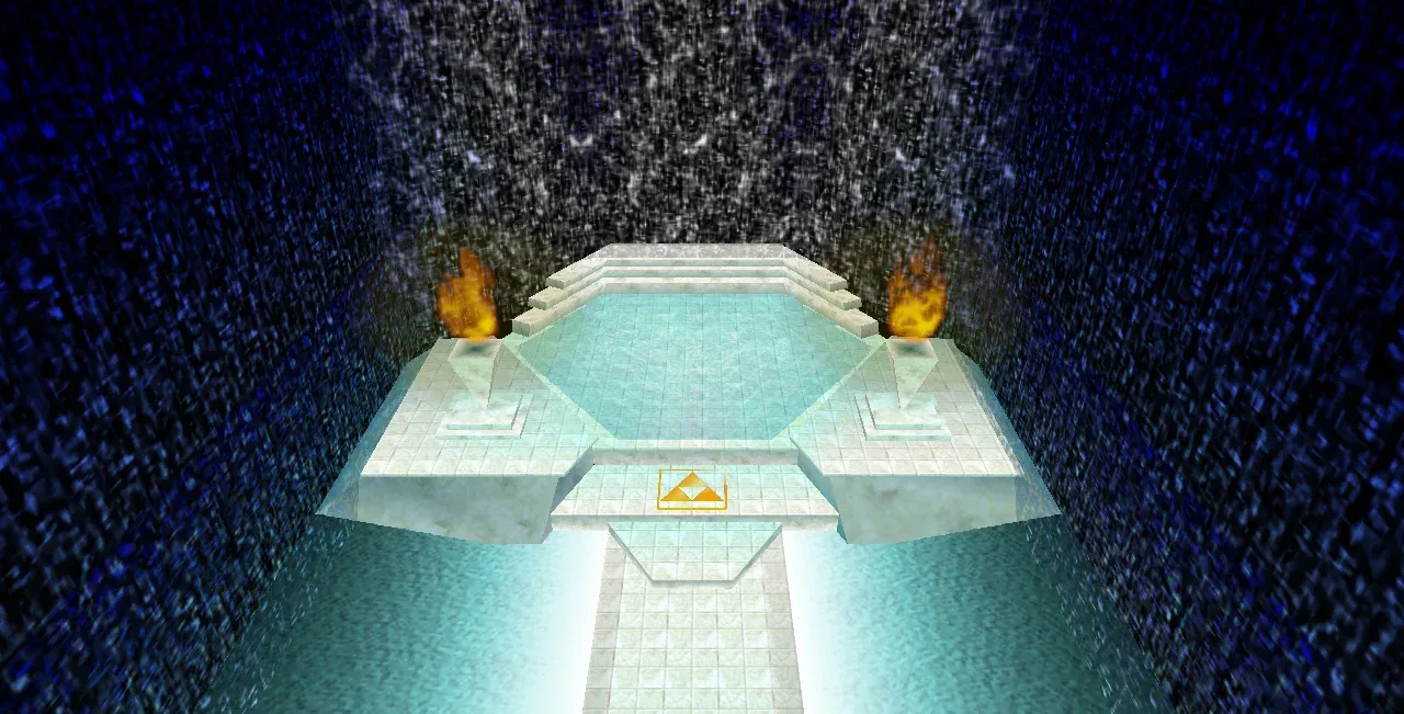 The inside of a Great Fairy's Fountain: a pale marble pool with two torches and a golden Triforce mark on the floor in front of it