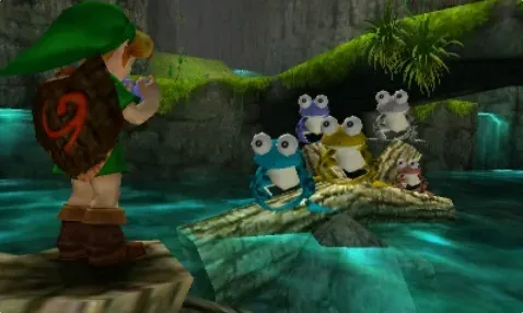 Young Link playing the ocarina on a log in Zora's River while five coloured frogs sit in front of him
