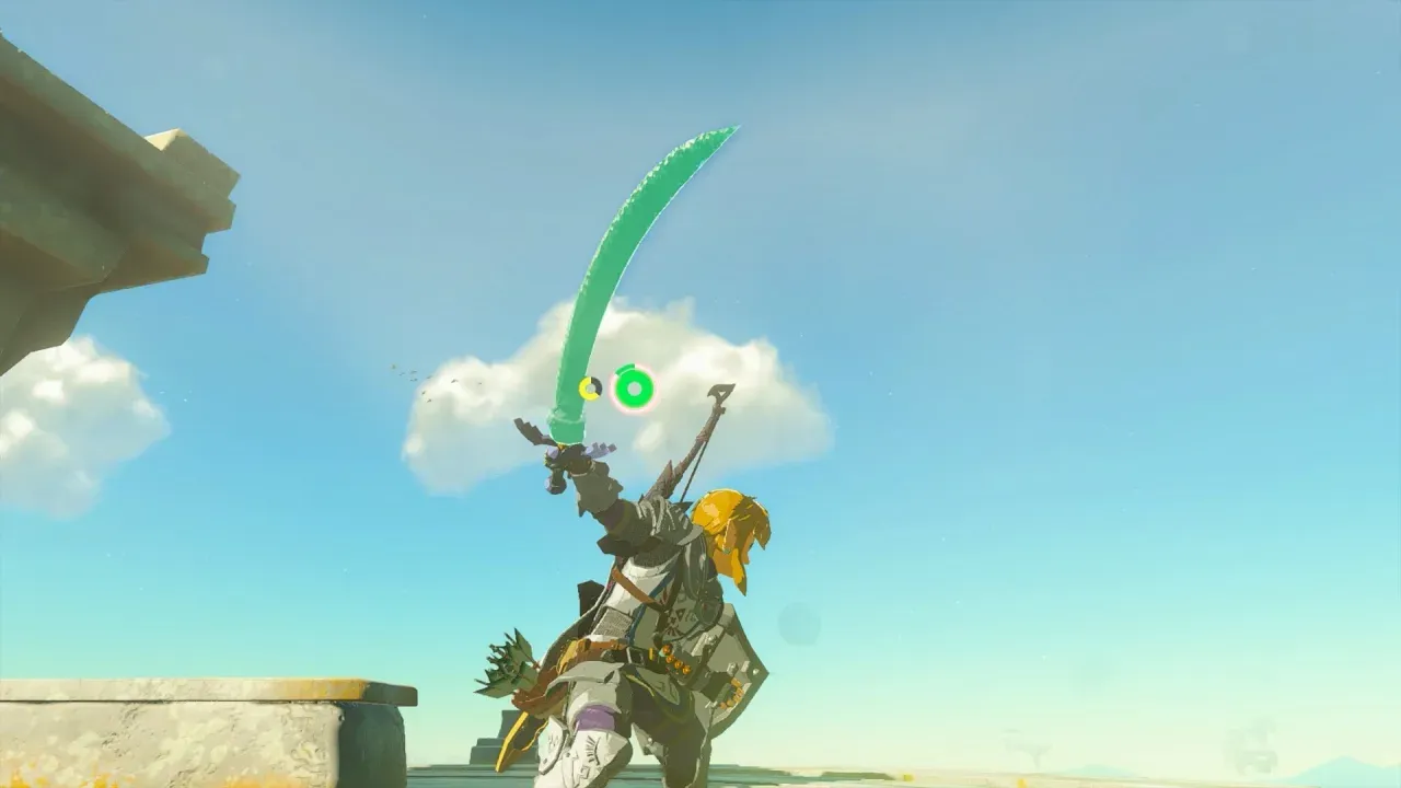 Link holding up the Master Sword with a fused material showing as a long green blade