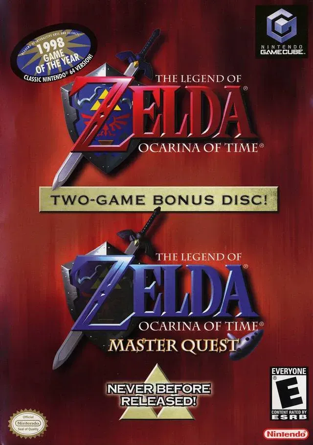 GameCube case for the two-game bonus disc, showing the Ocarina of Time logo above the blue Master Quest logo