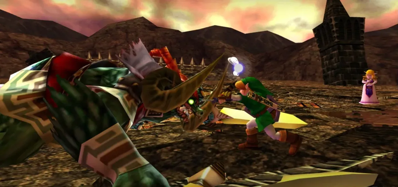 Adult Link driving the Master Sword into Ganon's face in the castle ruins while Zelda stands behind them