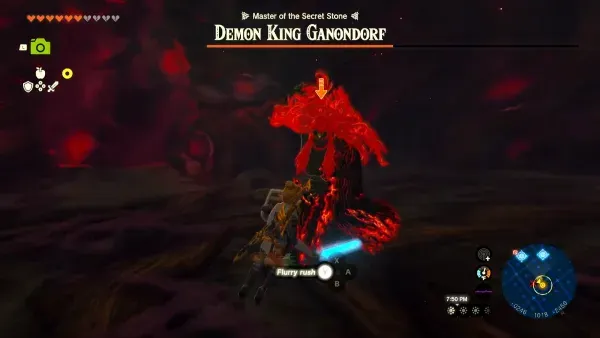 全身燃着红色瘴气的魔王加侬多夫，林克持大师之剑，画面出现突击提示