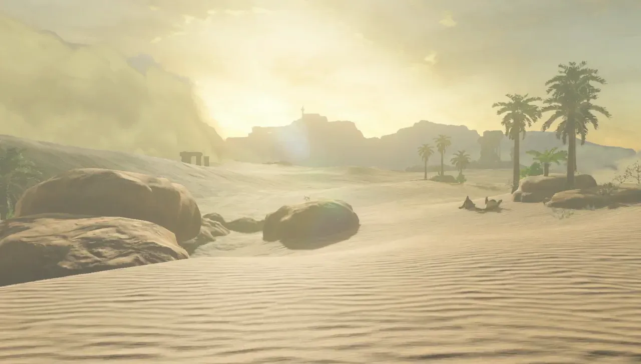 Sand dunes and palm trees in the Gerudo Desert