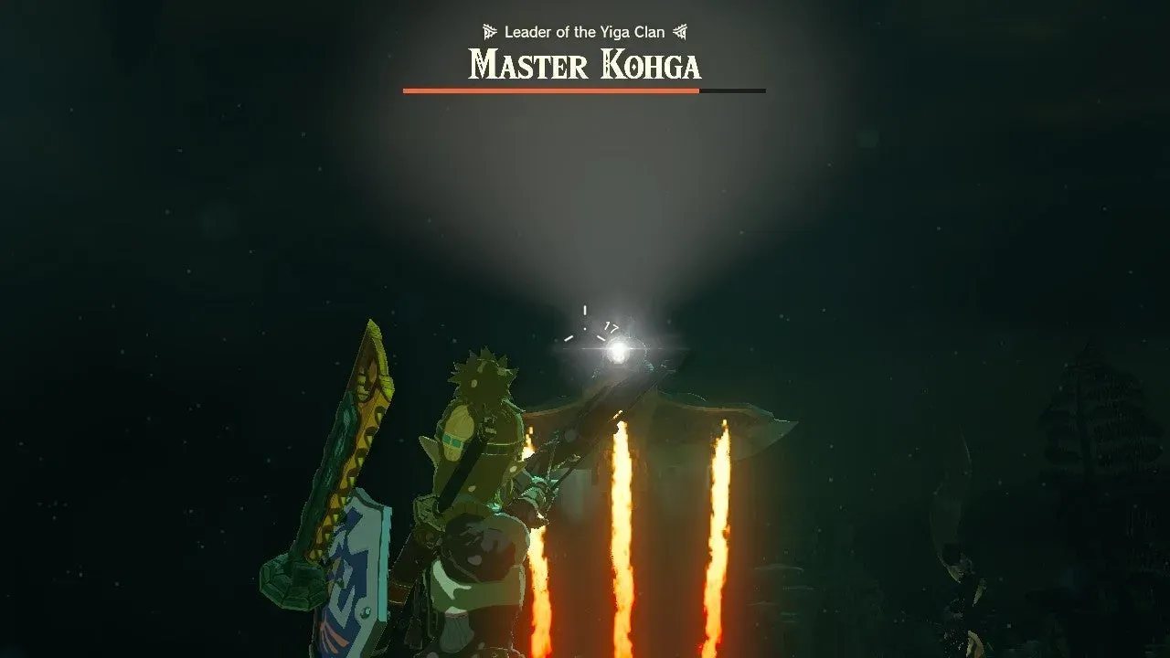 Master Kohga's flying machine hovering over Link and firing three columns of flame downward in the dark mine