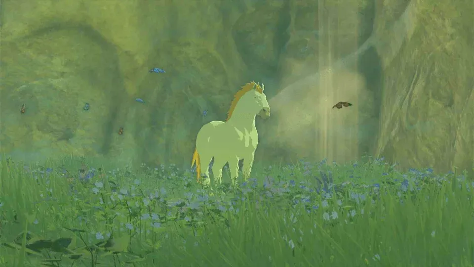 The Giant White Stallion standing in a grassy clearing