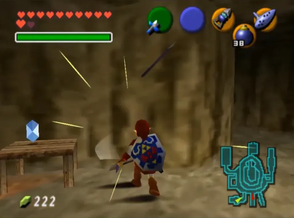 Adult Link in the Goron Tunic swinging the Giant's Knife as its blade snaps off and spins through the air