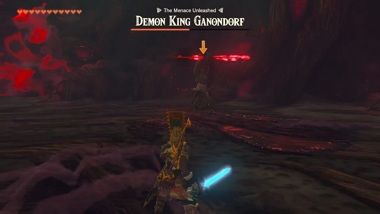 Link holding the Master Sword, its blade glowing bright blue, facing Demon King Ganondorf