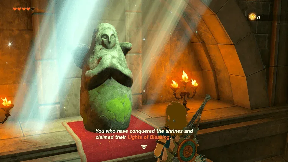 Link praying to the Goddess Statue in the Emergency Shelter at Lookout Landing