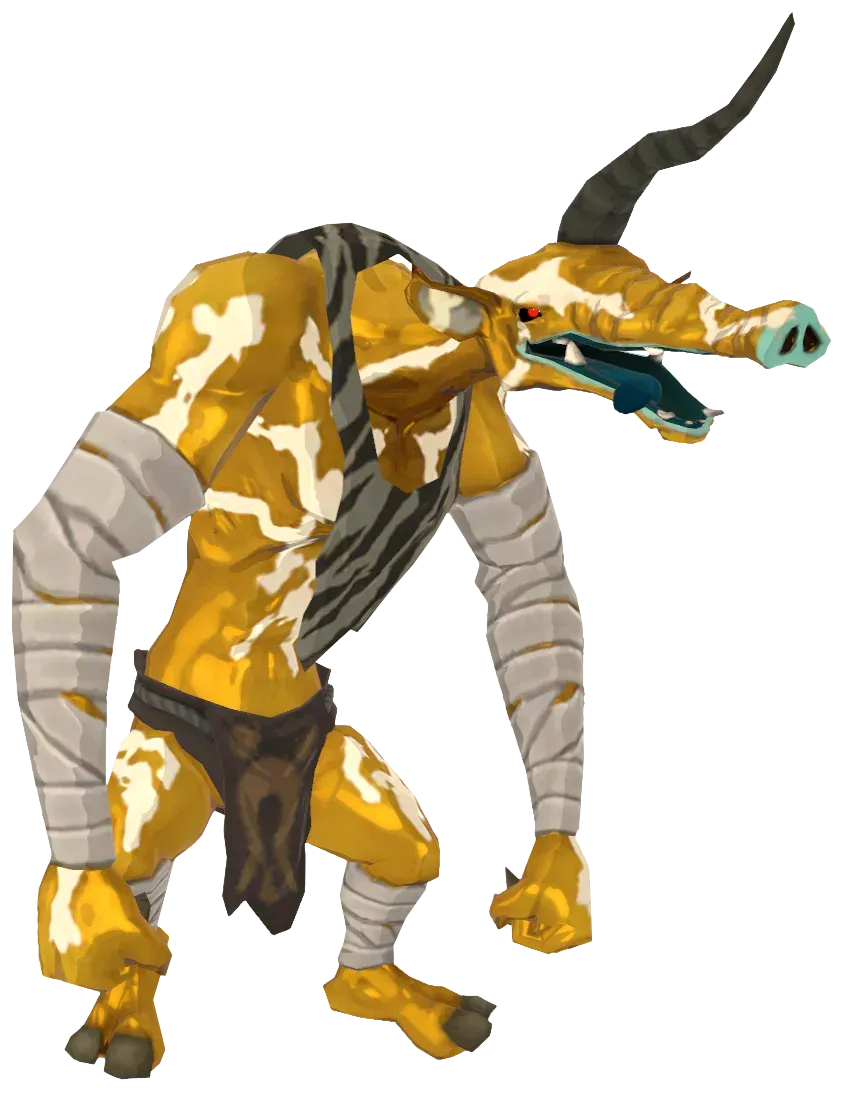 Model of a Golden Moblin: bright gold skin with white patches and a dark striped horn