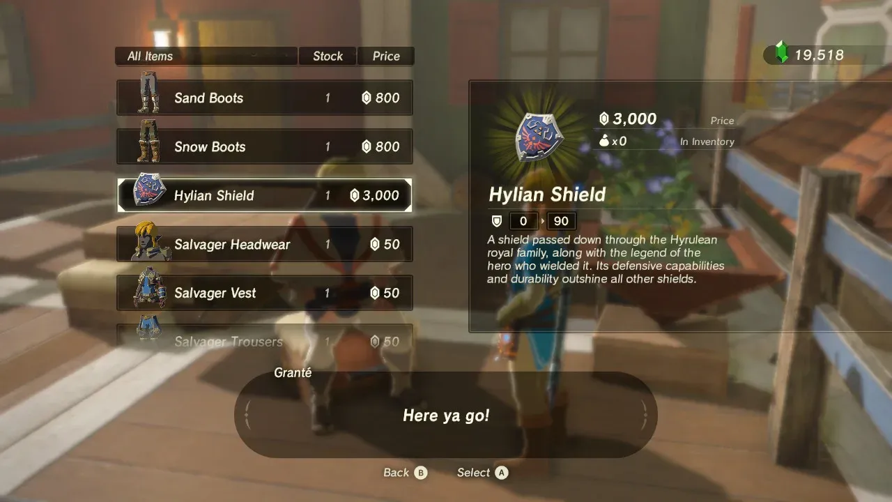 Granté's shop menu with the Hylian Shield at 3,000 rupees