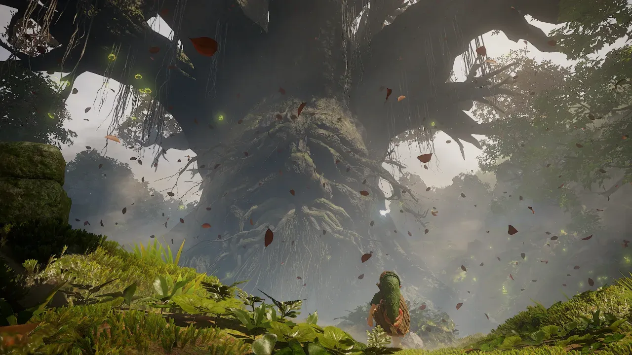 Young Link walking toward the Great Deku Tree among falling leaves in the Switch 2 remake